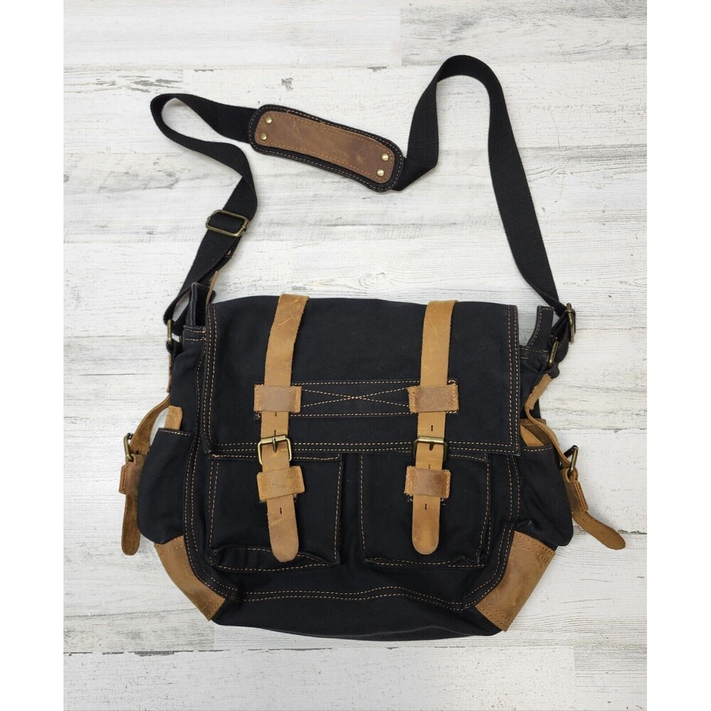 Augar Strauss Messenger Bag Black Canvas Pockets Rustic